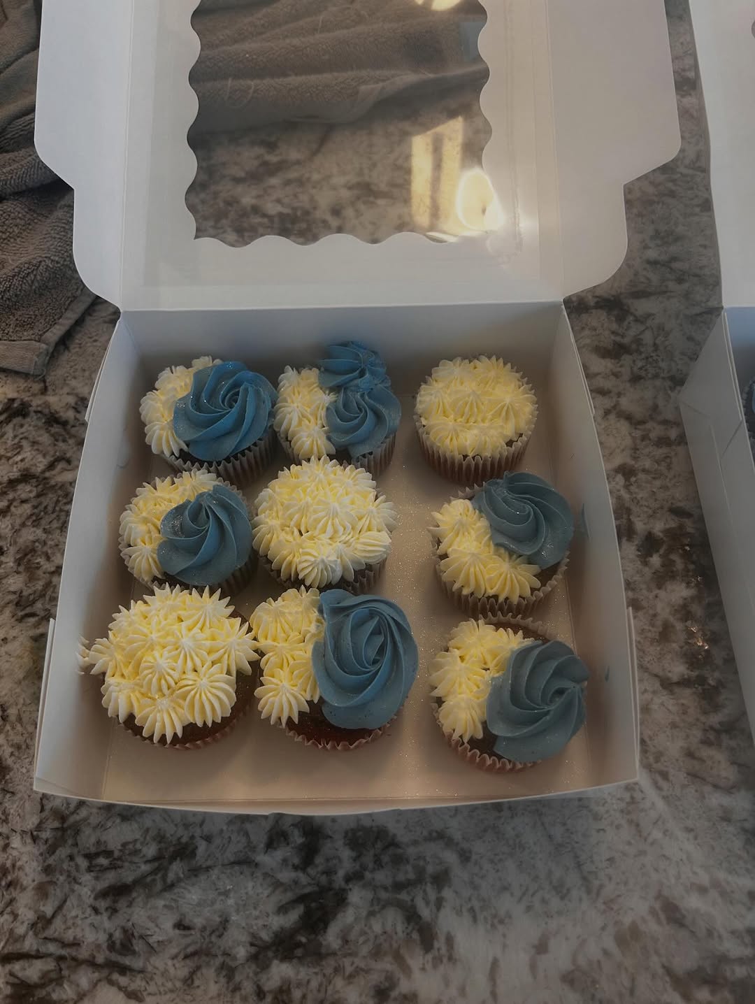 Blue and white decorated cupcakes
