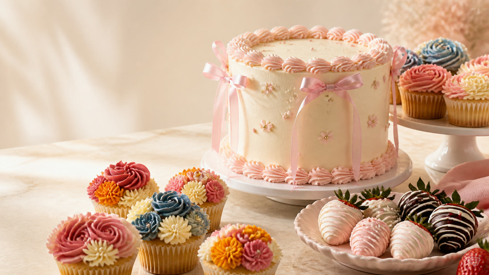 A ribbon cake surrounded by Lea’s floral cupcakes and chocolate-covered strawberries