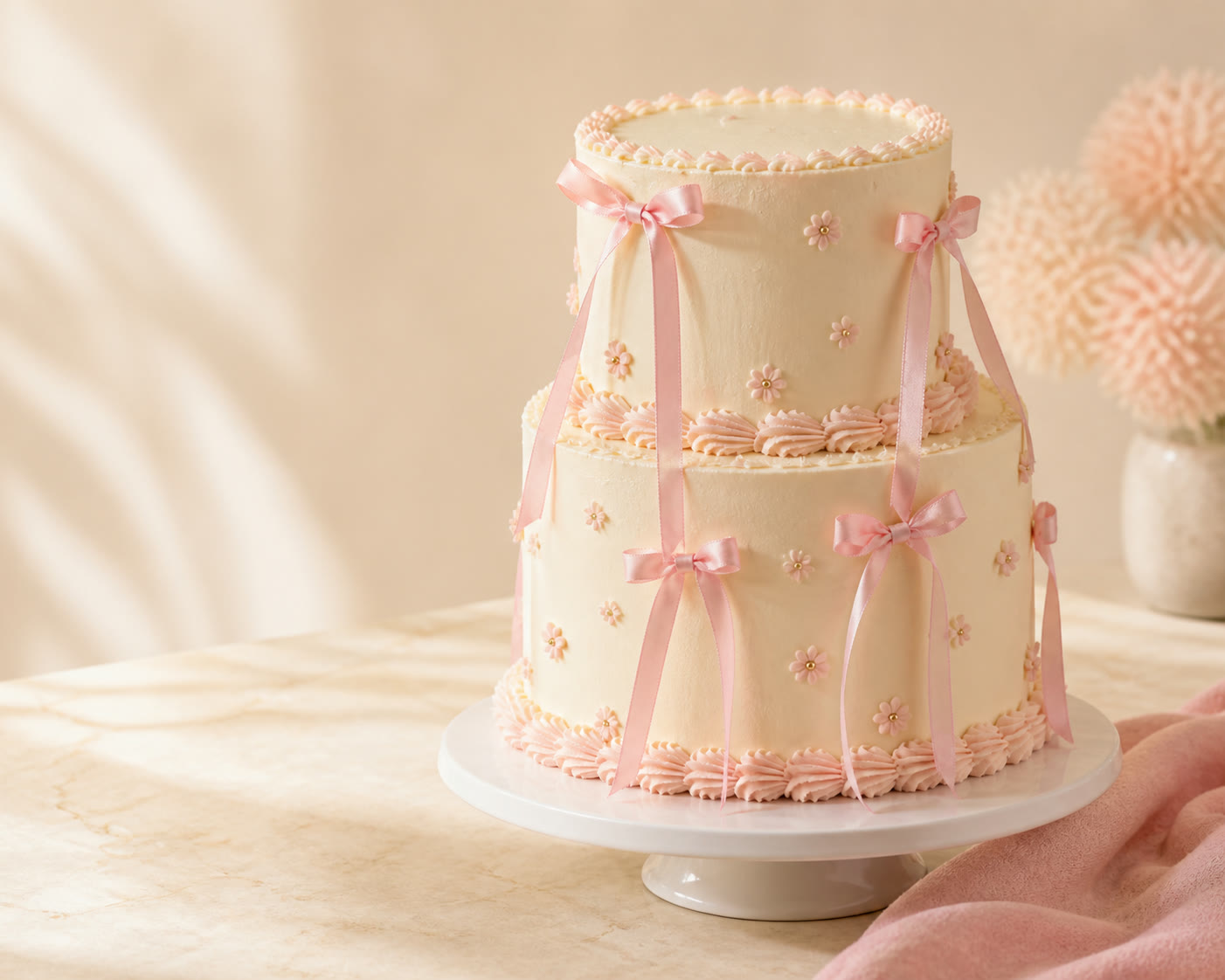 Two-tier ivory celebration cake with blush ribbons and buttercream flowers