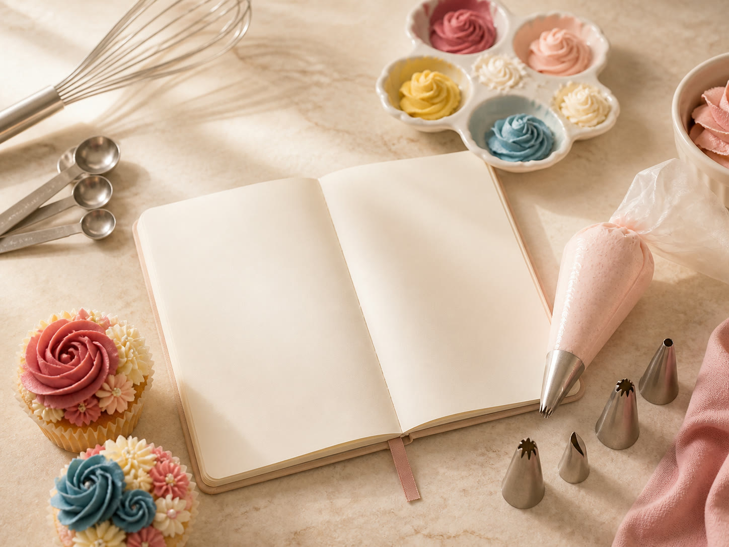 Baking consultation workspace with piping tools, blank notebook, and decorated cupcakes