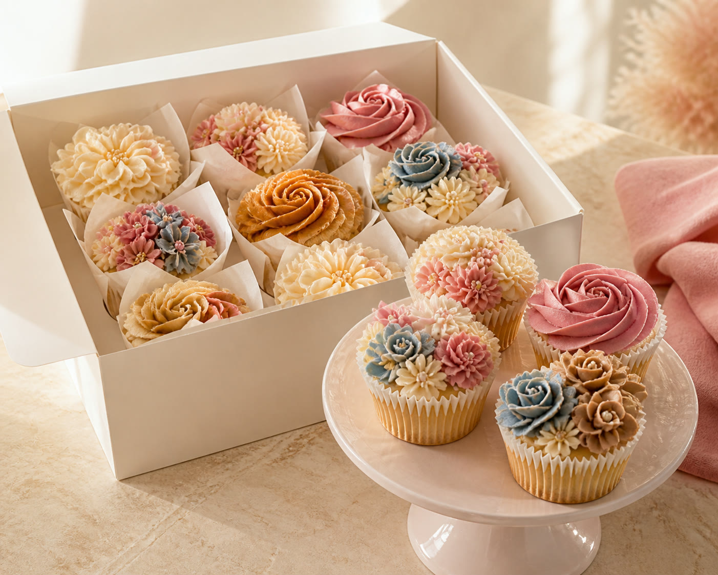 Premium assortment of floral cupcakes in cream, blush, caramel, and pale blue