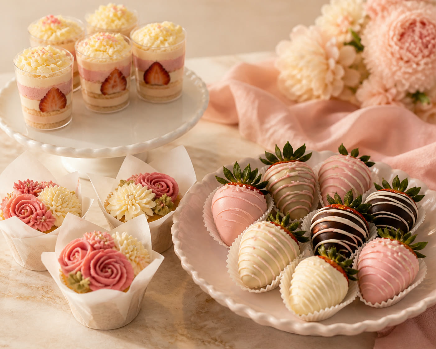 Coordinated event spread with floral cupcakes, dessert cups, and chocolate-covered strawberries